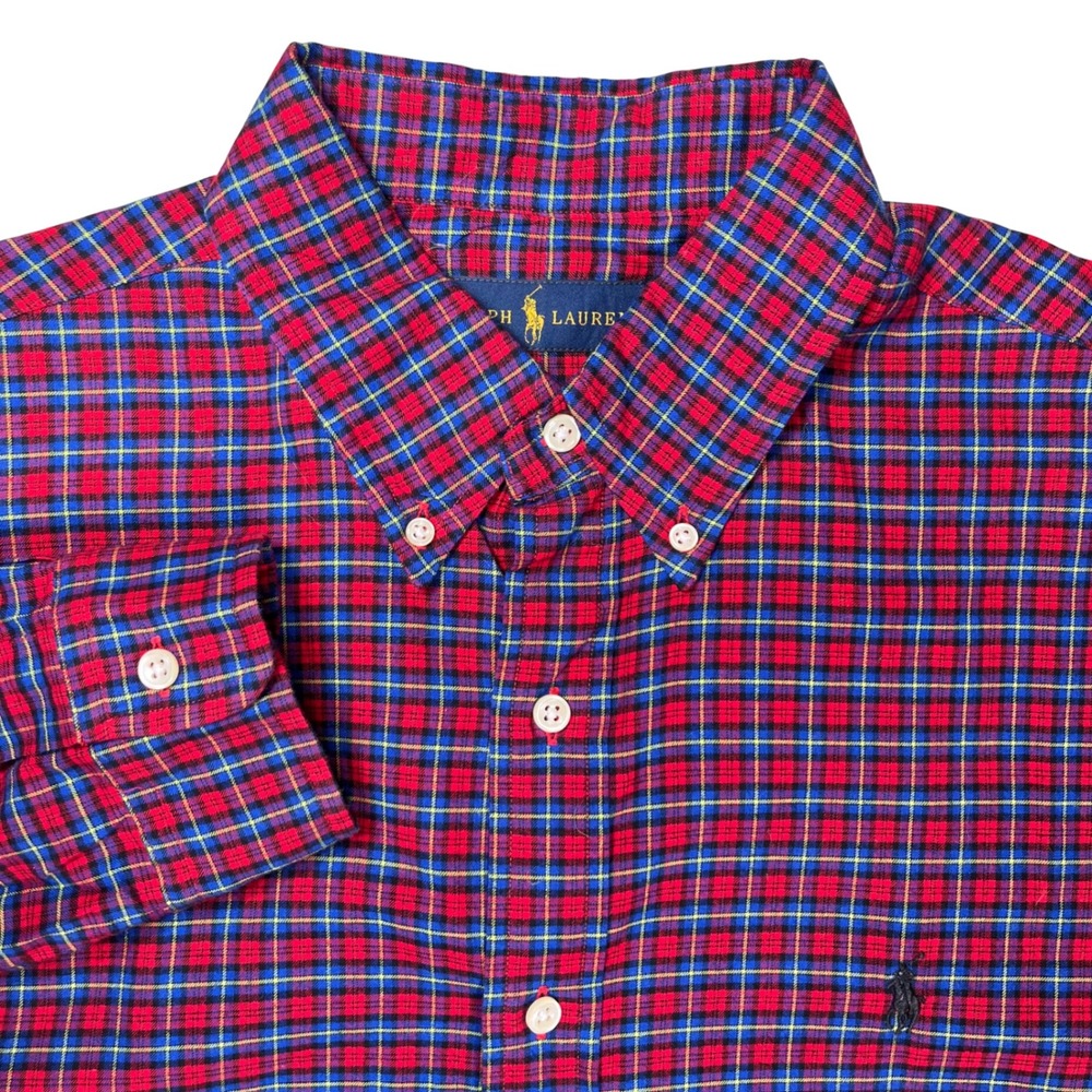 Polo Ralph Lauren Button Down Shirt Men Large Red Blue Plaid Pony Long Sleeve